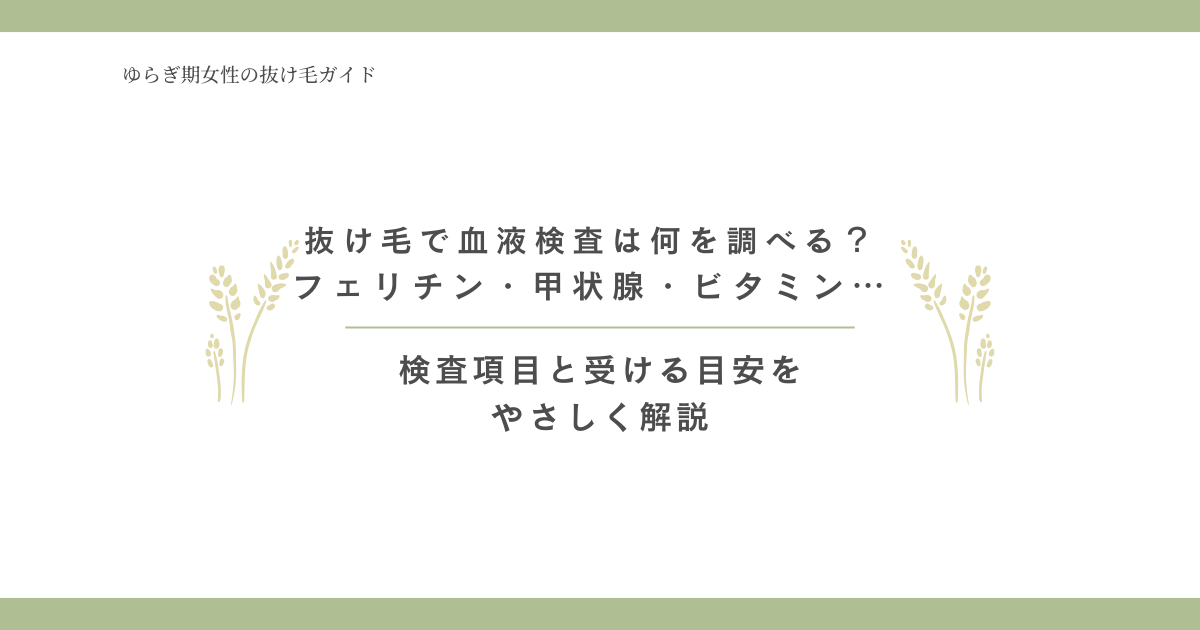 抜け毛で血液検査は何を調べる?フェリチン・甲状腺・ビタミンなど検査項目と受ける目安をやさしく解説するアイキャッチ画像
