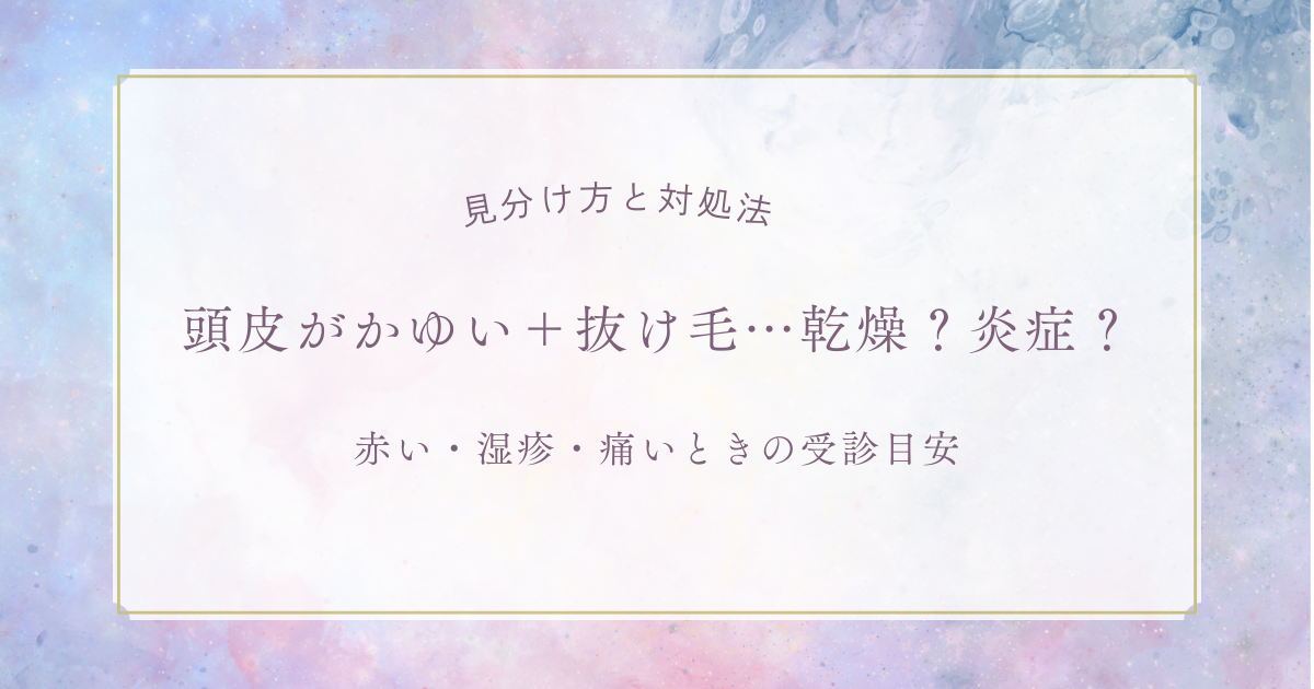 頭皮がかゆい+抜け毛は乾燥か炎症か?見分け方と対処法、赤い・湿疹・痛いときの受診目安をまとめたアイキャッチ画像