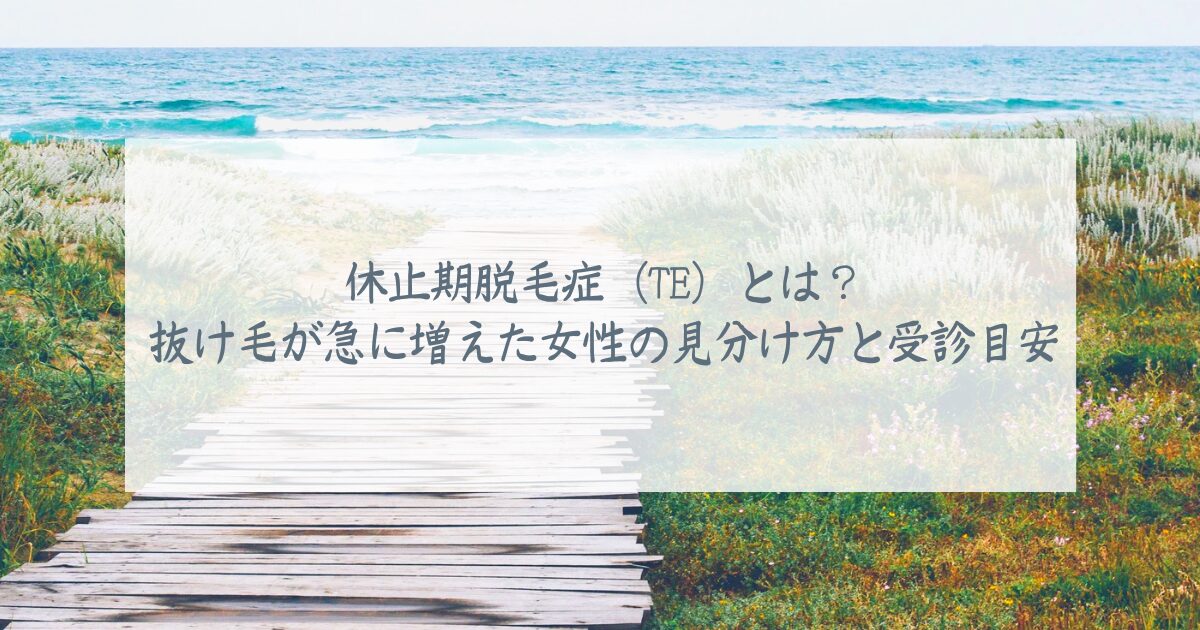 海へ続く木道の風景に「休止期脱毛症（TE）とは？抜け毛が急に増えた女性の見分け方と受診目安」の文字を重ねたアイキャッチ画像