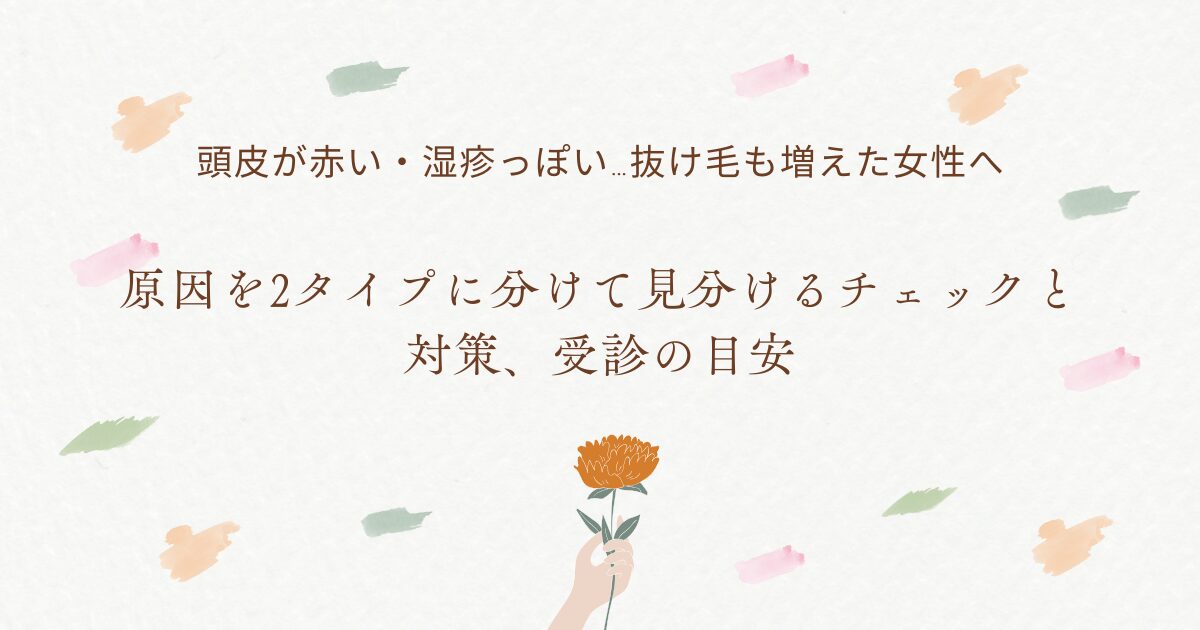頭皮が赤い・湿疹っぽいのに抜け毛も増えた女性へ向けたアイキャッチ画像（原因を2タイプに分けて見分けるチェックと対策、受診の目安）