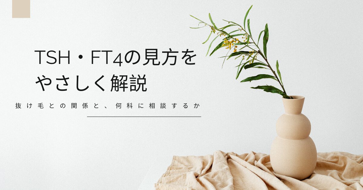 花瓶とグリーンの写真に「TSH・FT4の見方をやさしく解説／抜け毛との関係と、何科に相談するか」と書かれたアイキャッチ画像