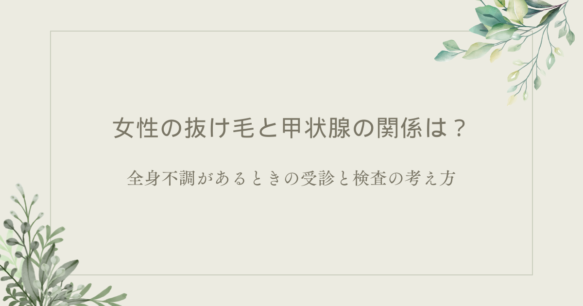 女性の抜け毛と甲状腺の関係、全身不調があるときの受診と検査の考え方を案内するアイキャッチ画像