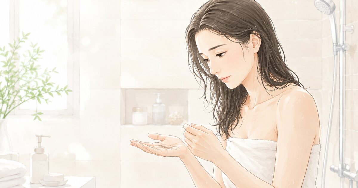 お風呂で濡れた髪の抜け毛を手のひらで確認し、不安を感じる女性のイラスト