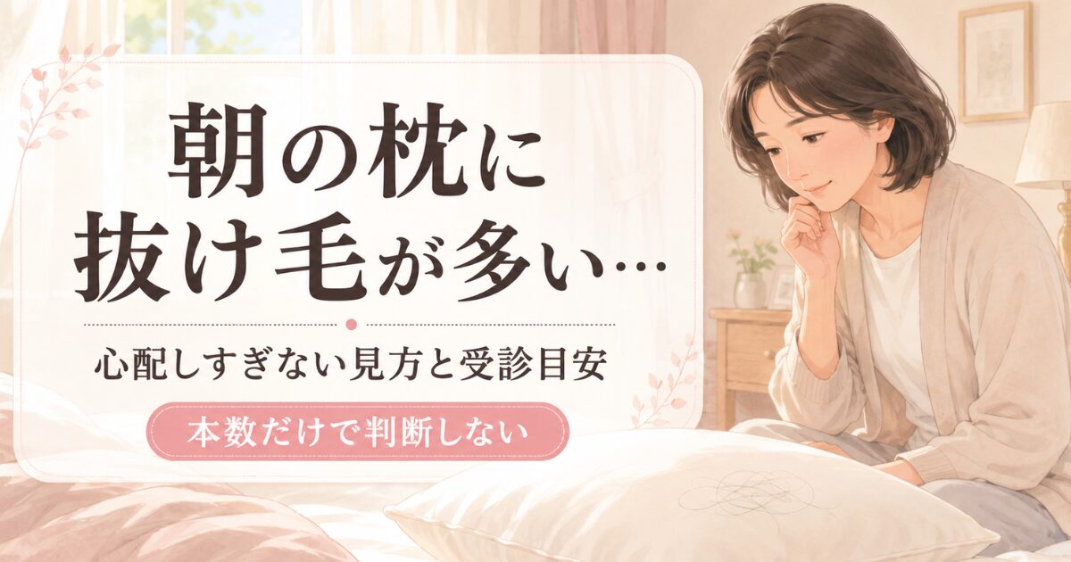 枕についた抜け毛が多いと感じる女性へ、本数だけで判断しない見方と相談目安を伝える画像