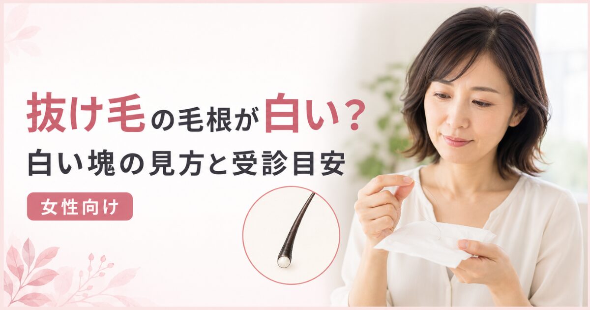 女性が白い毛根の付いた抜け毛を確認し、毛根の白い塊の見方と受診目安を解説した画像