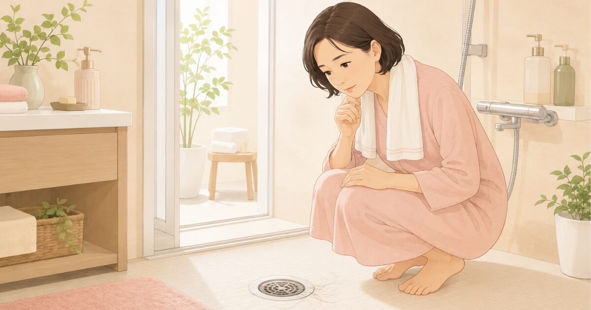シャンプー後に排水口の抜け毛が多いと感じて心配する女性の浴室イラスト